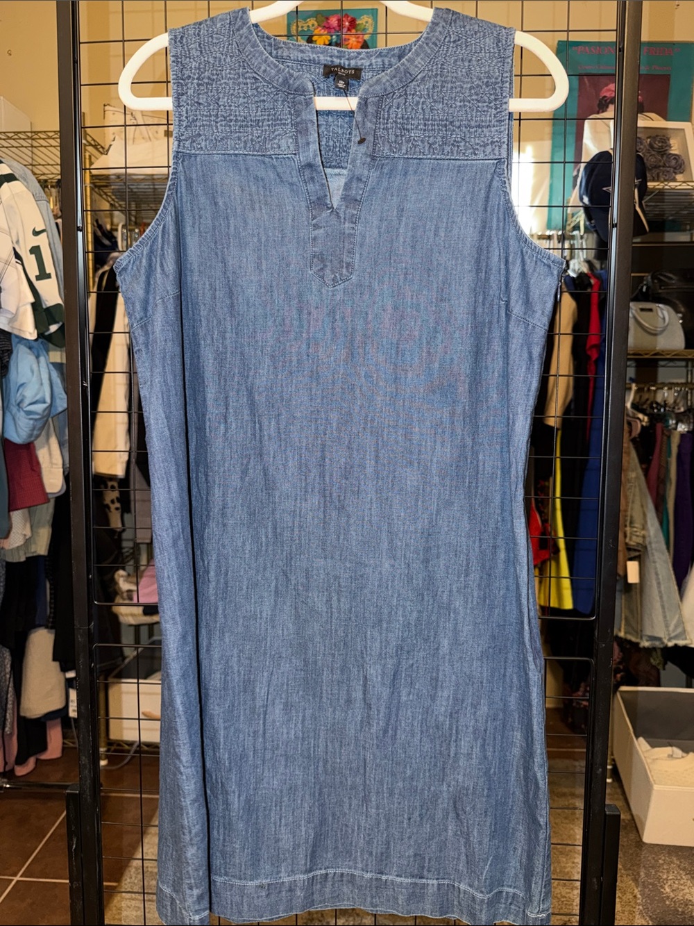 Talbots Petites Denim Chambray Shift Dress 12P Sleeveless Blue Embroidered Yoke